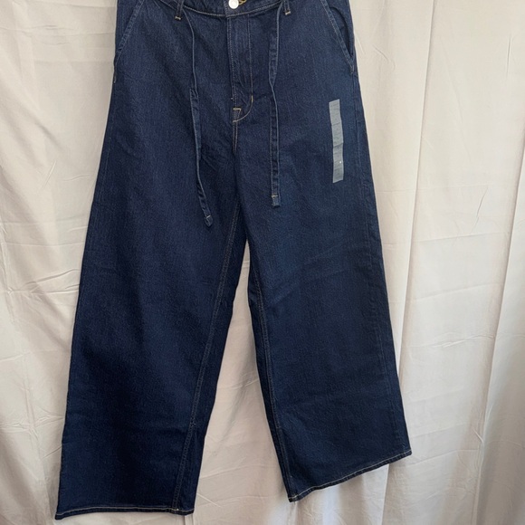 High-Rise Wide Leg Denim Jeans in Dark Blue with Tie Waist - Picture 6 of 15
